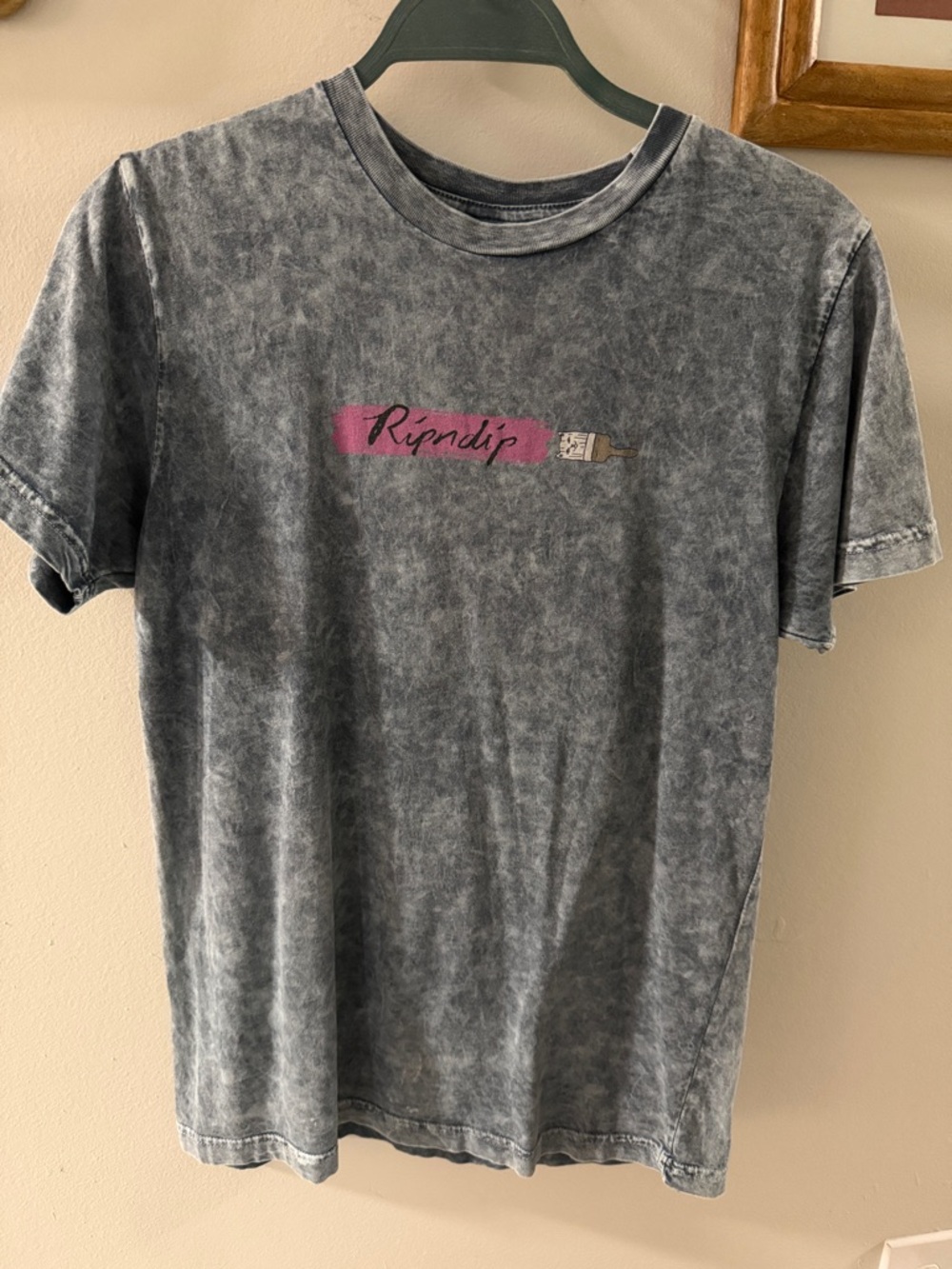 Ripndip Gray Mineral Wash Tee with Pink Logo Brush Stroke
